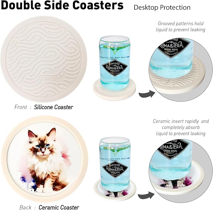 6 Pack Cute Cat Pattern Coasters with Deep Tray Holder, Double Sided Drink Coasters, Beverage Mats for Hot or Cold Drinks, Non-Slip, Non-Stick Silicone with Ceramic Insert Pet Patterned Coaster