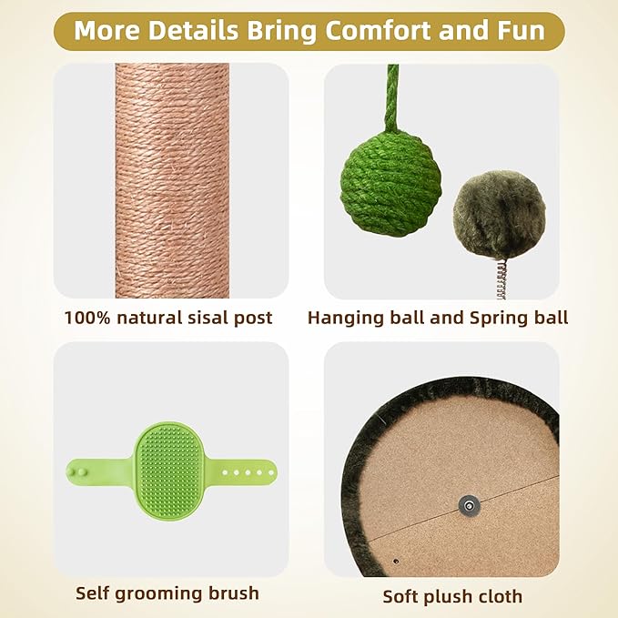 40" Tall Cat Scratching Post for Kitten and Large Cats, Durable Scratching Post for Indoor Cats with Self-Grooming Rubber Brush, Cat Sisal Post with Simulated Leaves