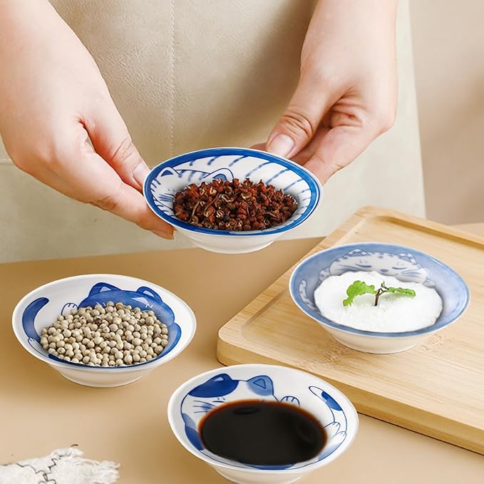 4 Pcs 4 Inches Cute Cat Soy Sauce Dish,Ceramic Cat Bowls,Japanese Cat Plates,Dipping Bowls,Snack Dish,Small Ceramic Saucers Plates, Sushi Plate Set, Mini Bowls, Small Bowls for Sides Dish (4 Inch)