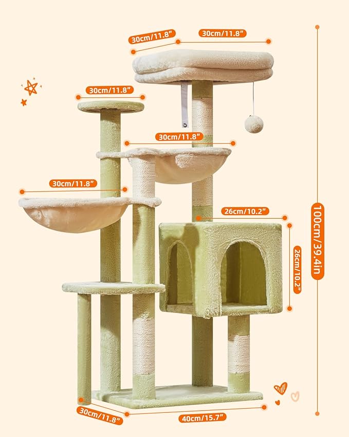 Taoqimiao Cat Tree, 39.4-Inch Cat Tower for Indoor Cats,Suitable for Kittens,Plush Cat Condo with 5 Scratching Posts, Plush Perch,2 Hammock,Pompoms, MS019GB Green and Beige