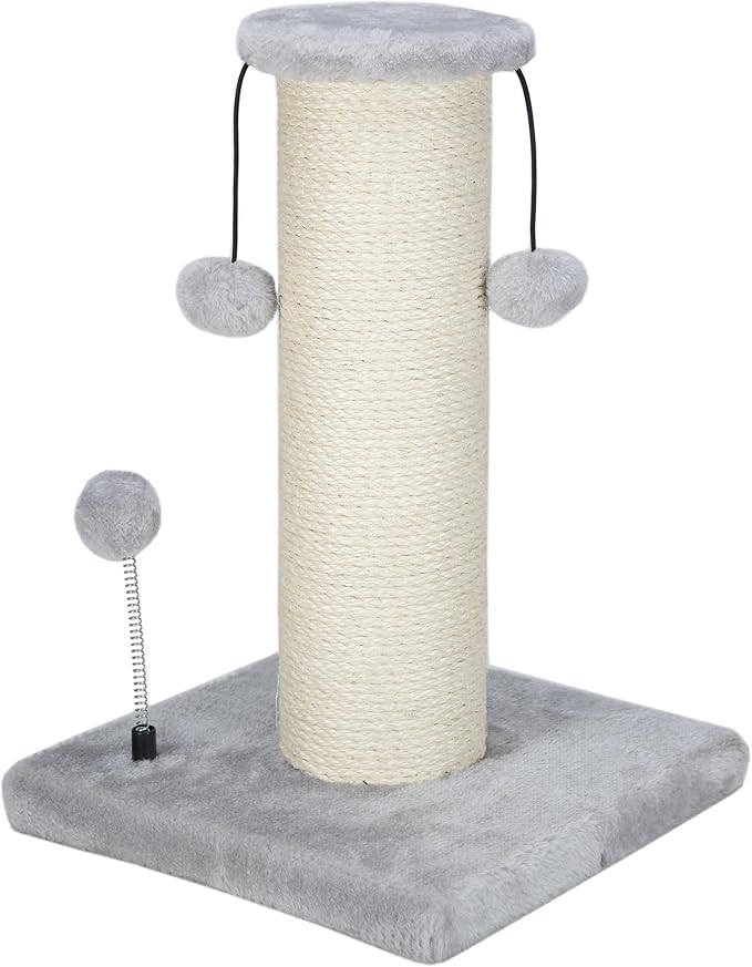 Dimaka Large Heavy Cat Scratching Post for Cats with 6" Wide Elevated Top Stand, Cat Tree Scratcher, 4.5" Dia. Big Sisal Rope Pole with 3 Teasing Balls, Extra Heavy Thick Stable Base (Grey)