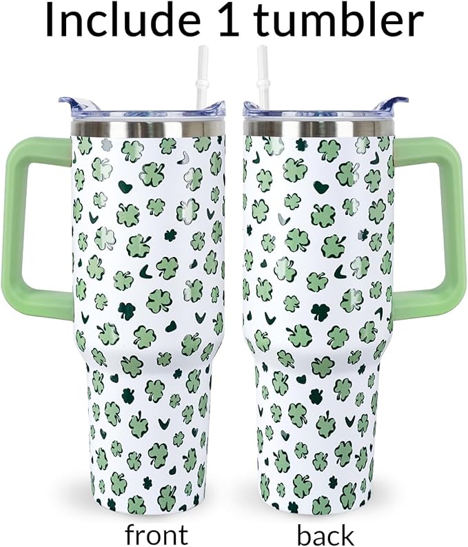 40 Oz St Patricks Day Tumbler 3d-Printed Green Irish Shamrocks Tumbler Clover Gifts for Women Men Insulated Travel Cup with Handle Lid and Straw