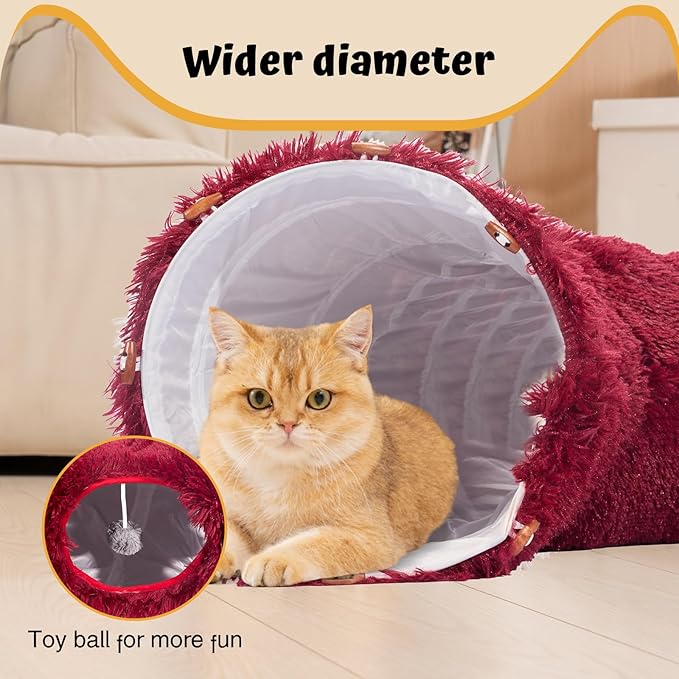 Avont Cat Tunnel Bed with Central Washable Cushion - Large Cat Tunnel Tube Toys 3 Shape to Play for Indoor Cats Kittens Puppies Ferret, Round Plush Fluffy Cat Bed with Tunnels -Red