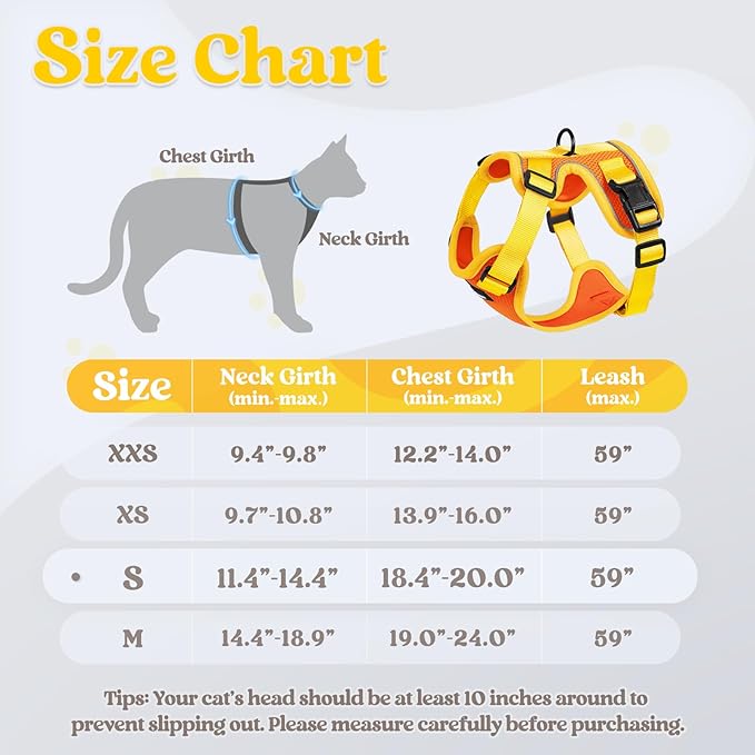 rabbitgoo Cat Harness and Leash Set, Escape Proof Soft Adjustable Vest Harnesses for Outdoor Walking, Easy Control Breathable Kitten Jacket with Reflective Strips, Orange & Yellow, S