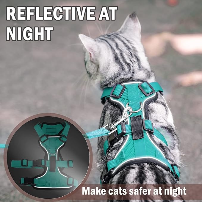 PUPTECK Cat Harness and Leash Set Escape Proof for Walking, Breathable Mash Vest Adjustable Harness for Cats Puppy Small Animals, Reflective at Night, Green Small