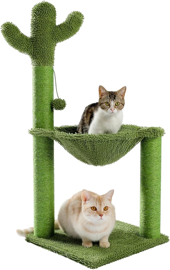 Cat Tree Tower for Kitten with Hammock, Cat Scratching Post for Indoor Medium Cats with Large Perch Dangling Ball and Full Wrapped Natural Sisal Rope Green M