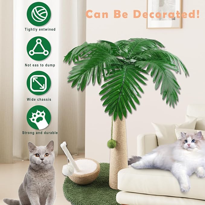 Cat Scratching Post, 27" Tall Scratch Tree Coconut Palm with Premium Sisal Rope, Simulated Leaves and Coconut cat Scratching Ball,Toys for Indoor Kittens and Cats (Cat Teaser Stick)