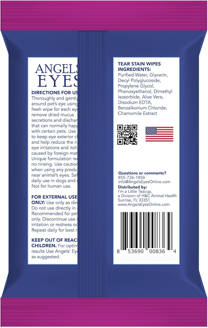 ANGELS’ EYES Face, Eye & Paw Cleansing & Tear Stain Wipe, Large 4”x7” Hypoallergenic Dog & Cat Wipes, Reduce Tear Stains, Dirt, and Discharge, Fragrance Free, 40 Count