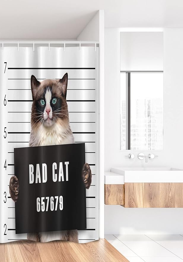 Ambesonne Cat Stall Shower Curtain, Bad Gang Cat in Jail Kitty Under Arrest Criminal Prisoner Hangover Work, Fabric Bathroom Decor Set with Hooks, 36" W x 72" L, Brown Black White