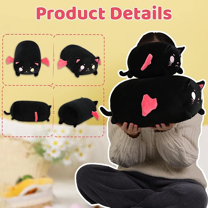 AIXINI Cute Black Cat Plush Pillow 8” Black Kitten Stuffed Animal with Luminous Eyes, Fat Soft Kawaii Plushies Hugging Plush Pillow Toy Gifts
