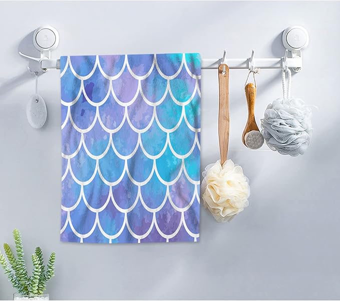 AOYEGO Aqua Blue Mermaid Bath Towels Retro Ocean Sea Fish Scale Mermaid Sequin Kitchen Hand Towels Bathroom Decor Soft Beach Microfiber Hair Towels 15x30 Inch