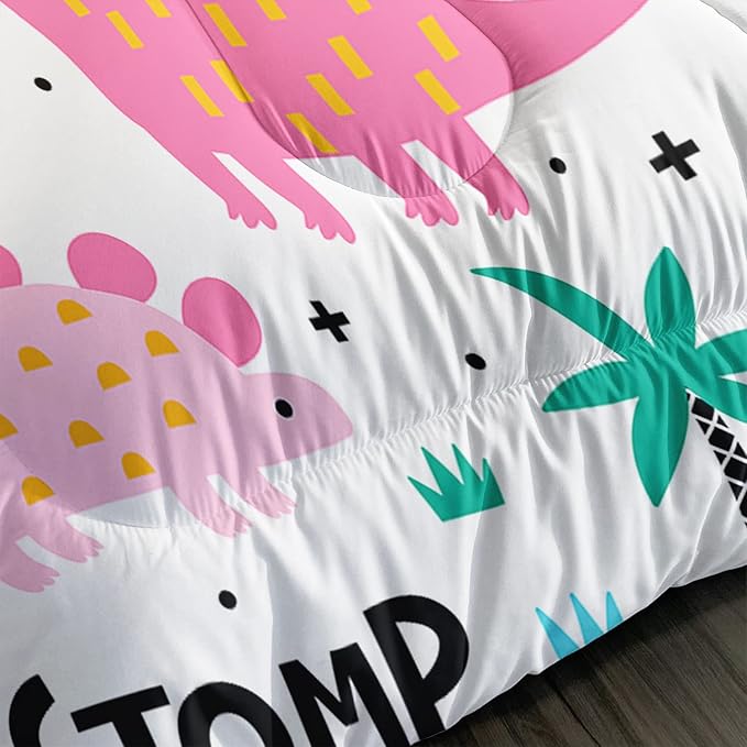 Axolotl Girls Bedding Cartoon Dinosaur Comforter Set Full Size,Cute Dinosaur Bedding Set for Girls Teens Kids Boys Adults Room Decor,Kids Comforter Set All Season,1 Quilt 2 Pillow Cases,White