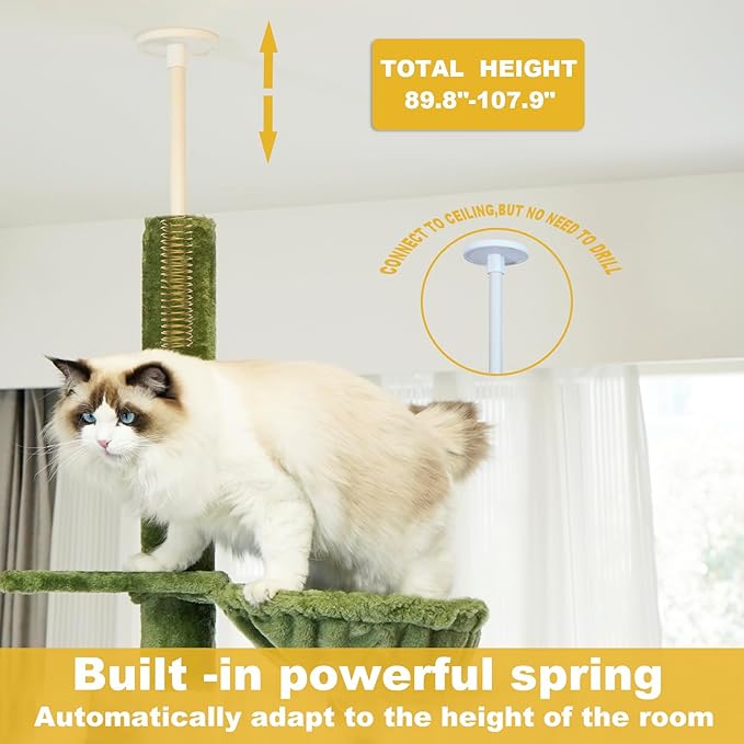Floor to Ceiling Cat Tree, 5-Tier Height (95-109 inches) - Adjustable Cat Climbing Tower with Sisal Scratching Posts, Cat Condo, Hammock, Platforms, and Hanging Balls