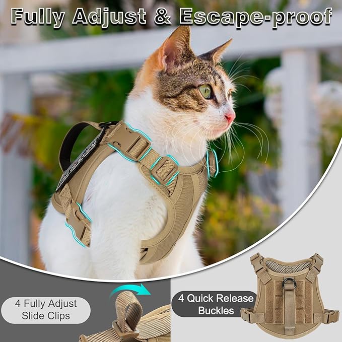 Tactical Cat Harness for Walking, Adjustable Escape Proof Pet Vest for Large Cat,Easy Control Breathable Cat Vest with Handle，Molle Patches (Khaki, L)