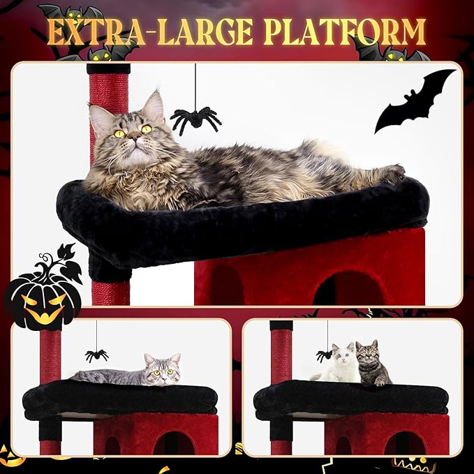 S72 Heavy Duty Gothic Cat Tree, 72in Large Cat Tower with Coffin Bed, Sturdy Maine Coon Cat Tree for Large Cats 20 lbs+, Medieval Castle Style with 6 Scratching Posts & Hammock, Black & Red