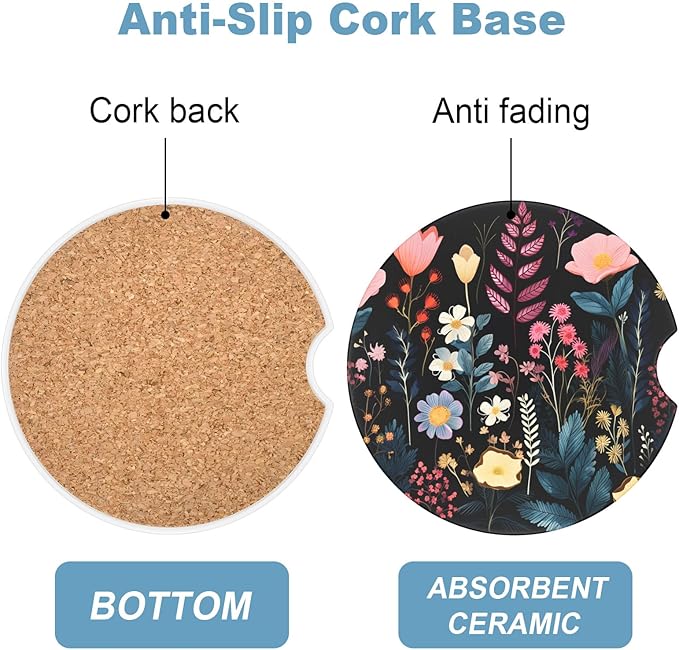 2 Pack Car Cup Holder Coasters, 2.63 Inch Anti Slip Ceramic Absorbent Coaster with Cork Base and Finger Notch, Cute Car Accessories Interior for Women