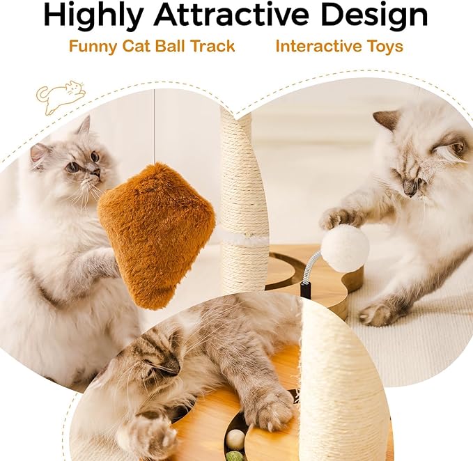 Mewoo Cat Scratching Post with Bed, Cat Tower with Cat Scratcher Post, Small Cat Tree for Indoor Cats, Sisal Cat Scratcher with Removable Cat Perch, Cat Ball Track and Kittens Toys (Brown, Medium)