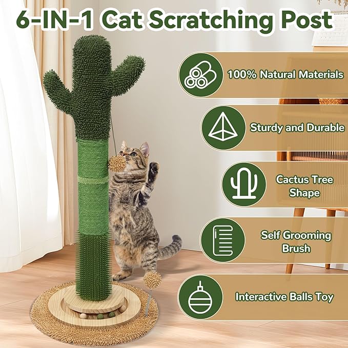 OTOB 36" Tall Cat Scratching Post, Natural Sisal Rope Cactus Scratcher Post, Vertical 6-in-1 Interactive Turntable Cat Scratch Post with Soft Ball Toys, Protect Your Furniture for All Indoor Cats