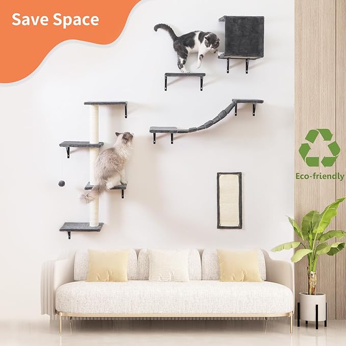 Modern Wall-Mounted Cat Furniture - 5pcs Cat Wall Shelves, Wooden Cat Climber Includes Cat House, Bridge, Tree, Steps, and Scratcher - Grey