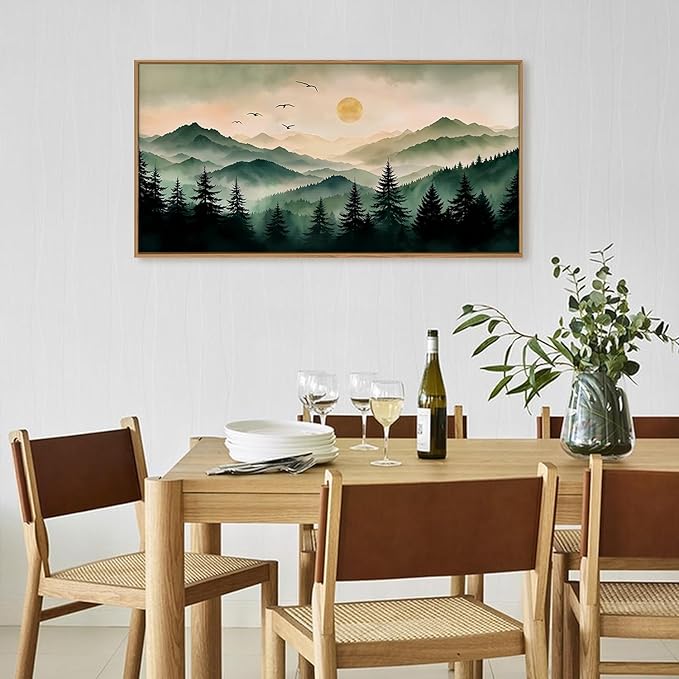 Ausril Misty Forest Framed Canvas Wall Art Set, Boho Mountain Landscape Wall Decor, Pine Tree Wall Painting, Nature Sunrise Art Prints for Living Room, Bedroom, Dining Room, Office - Large 20"x40"x1