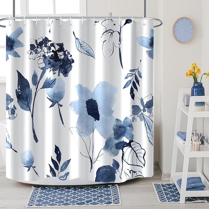 AWERT Blue Floral Shower Curtain for Bathroom Watercolor Ink Flowers Shower Curtain with Hooks Waterproof Fabric Bathroom Decor 60x72inch