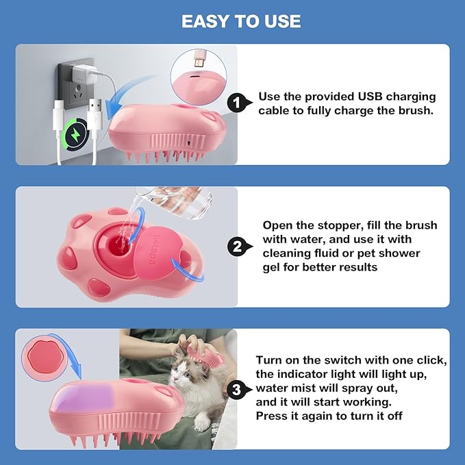 3in1 Cat Steam Brush,Multifunctional Rechargeable Cute Steamy Pet Brush for Short Or Long Hair Cats/Dogs To Massage/Clean/Eliminate Flying&Tangled Hair With USB Cable-Pink Cat Paw
