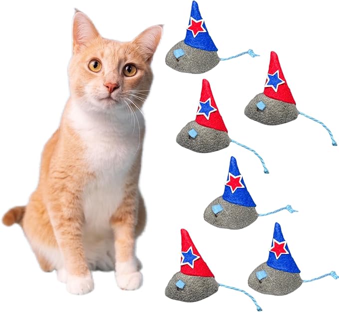 6-Pack Christmas Catnip Mouse Toy Set for Cats - Festive Red & Blue Star Hats, Perfect for Holiday Fun and Gifts