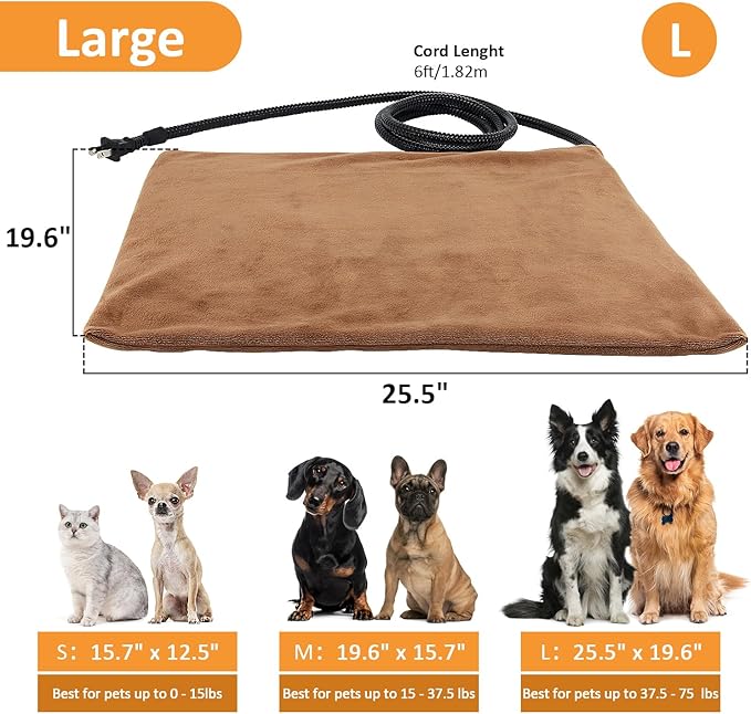 Pet Heating Pad, Electric Heated Pad for Dog Cat, Warm Mat Waterproof Dogs Cats Beds with Constant Temperature,Chew Resistant Cord, Comfortable Heater Heater Blanket Puppy and Kitten (L:26'' x 20'')
