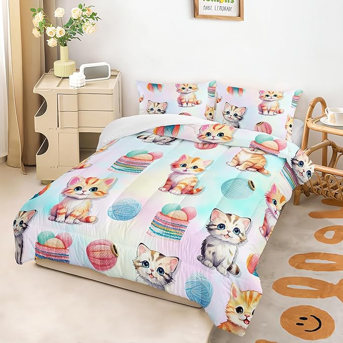 AILONEN Cute Cat Kitten Comforter Set Twin Size, Kids Girls Soft Microfiber Bedding Set for Bedroom,Colorful Watercolor Cat Comforter with 2 Pillowcases,3-Piece