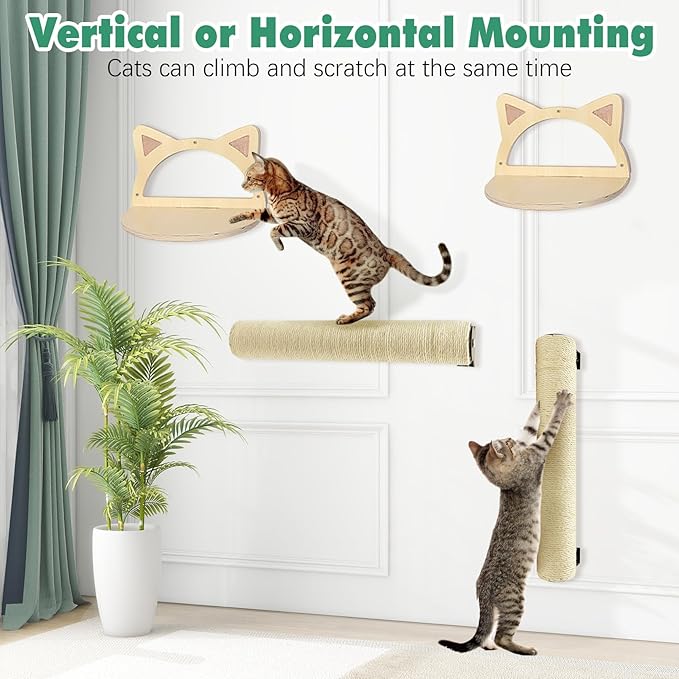Wall Mounted Scratching Post for Cats 16 Inches Sisal Rope Cat Wall Scratcher Posts 2 Pack of Wall Mount Cat Furniture for Indoor Kittty to Scratch and Climbing with Feather Toys