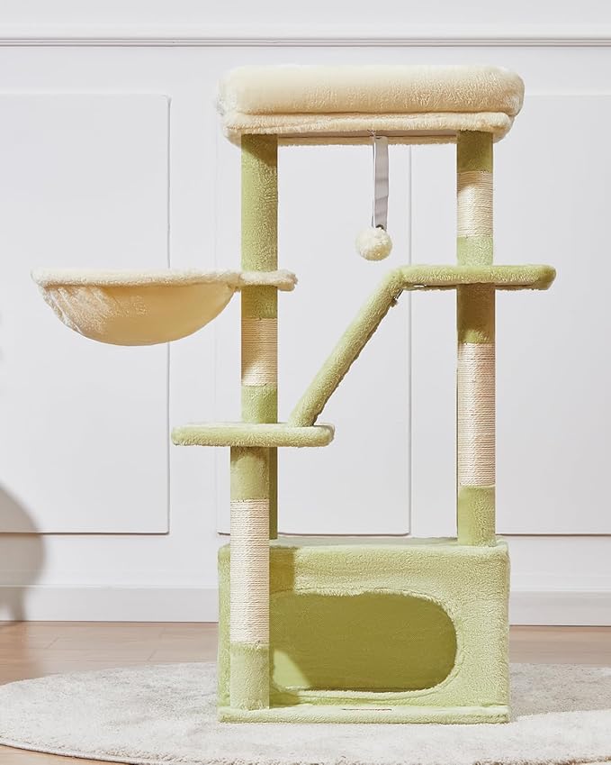 Taoqimiao Cat Tree,38.2-Inch Cat Tower for Indoor Cats,Suitable for Kittens with Luxurious cat condo with Adjustable Baskets and Luxurious Perch MS029SGB Green and Beige