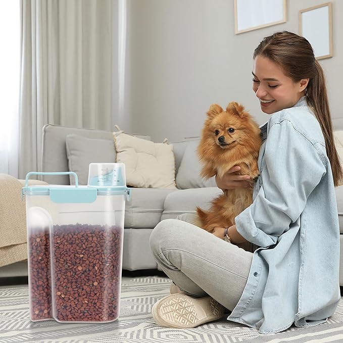 10LBS Dog Cat Storage Container Portable with Upgraded Large Spout and Cup,Plastic Pet Food Dispenser for Small Animal Kibble, Bird Seed,Oatmeal,Rice,flour,brown sugart-2 pack Light Blue