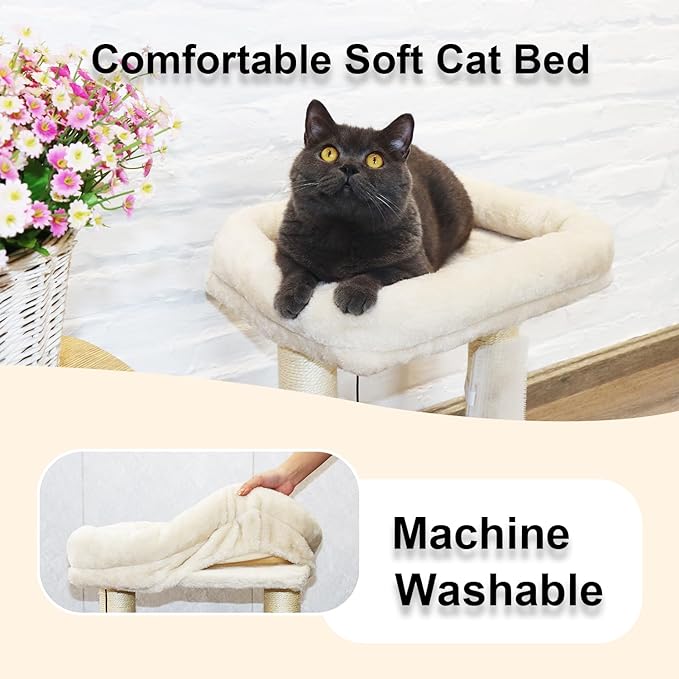 PAWSFANS Cat Tree Scratching Post,Small Cat Tower with Perch Bed Scratch for Indoor Cats and Kittens Scratcher.Track Toy Hanging Ball Bursh Beige