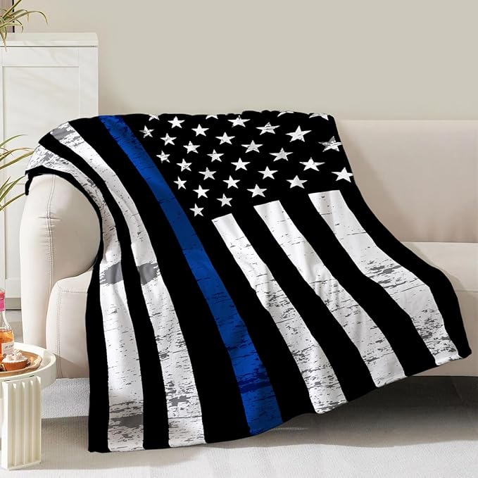 American Police Flag Blanket Gifts for Men Boy Dad Husband Son Birthday Christmas Valentine Present Us Police Flag Theme Decor Bedroom Living Room Couch Sofa Kid Adult Teen Soft Flannel Throws 60"x50"