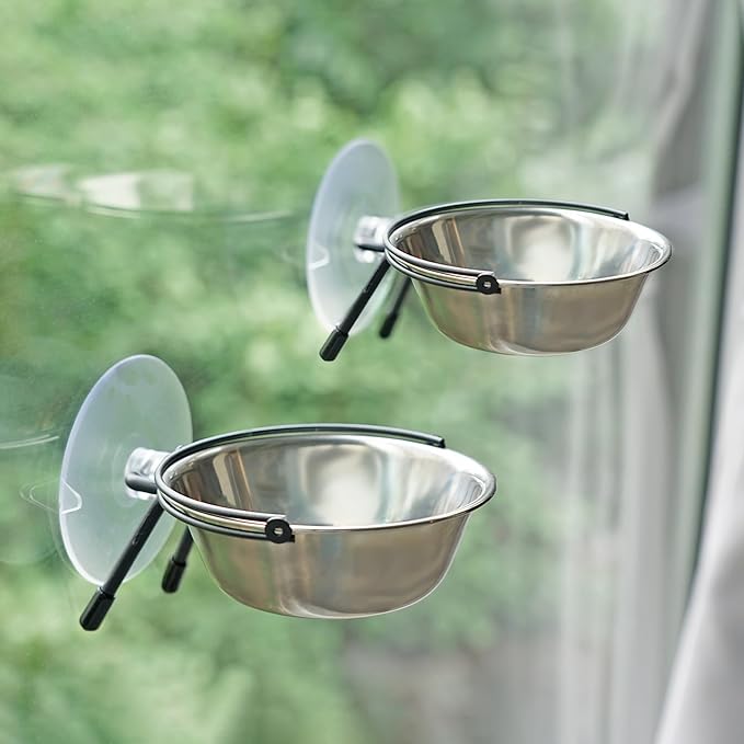 Meeyoview Cat Window Perch, Foldable Cat Window Hammock with Wooden Scratching Post and Stainless Steel Cat Bowls, Window Mounted Bed for Cats Inside (2 Cat Bowls)