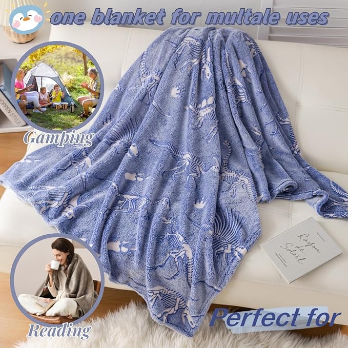 2025 Best Gift Dinosaur Gifts Toys for Kids Boys, Dinosaur Fossil Pattern Blanket Glow in The Dark Throw Blanket, Soft Plush Kids Blanket, Fun Dinosaur Theme, Birthday Gift, 50"*60", Blue