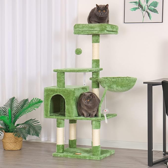 Heybly Cat Tree with Toy, Cat Tower condo for Indoor Cats, Cat House with Padded Plush Perch, Cozy Hammock and Sisal Scratching Posts, Green HCT004GR