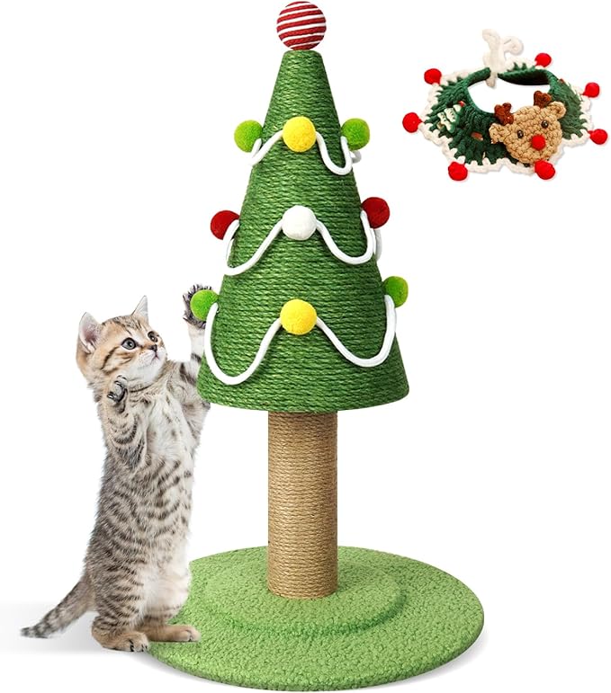 Christmas Tree Cat Scratching Post, Comes with A Christmas Cat Collar, Natural Sisal Rope Cat Tower to Satisfy Cats’ Claw Instincts, Christmas Decor Sisal Rope Cat Toys for Kitty and Adult Cats