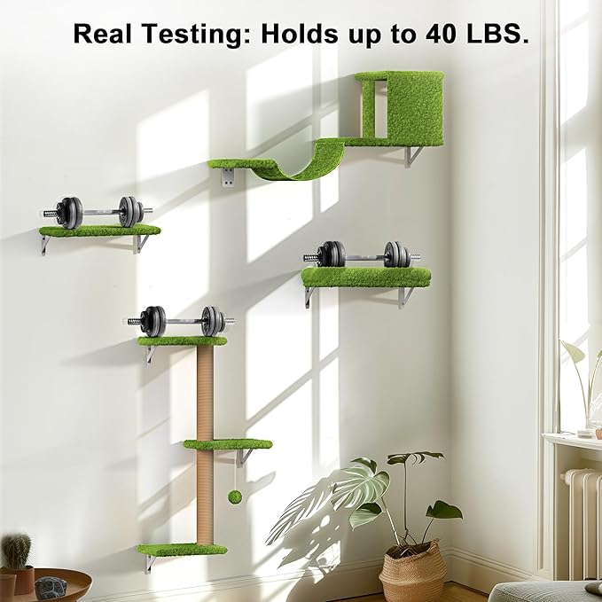 FUKUMARU Cat Wall Shelves, Stable & Safe 4 in 1 Large Cat Wall Furniture Set, Wooden Cat Climbing Wall with Scratching Post, Cat Bridge and Cat Bed, Stylish Cat Jungle Gym for 16 Inch Drywall - Green