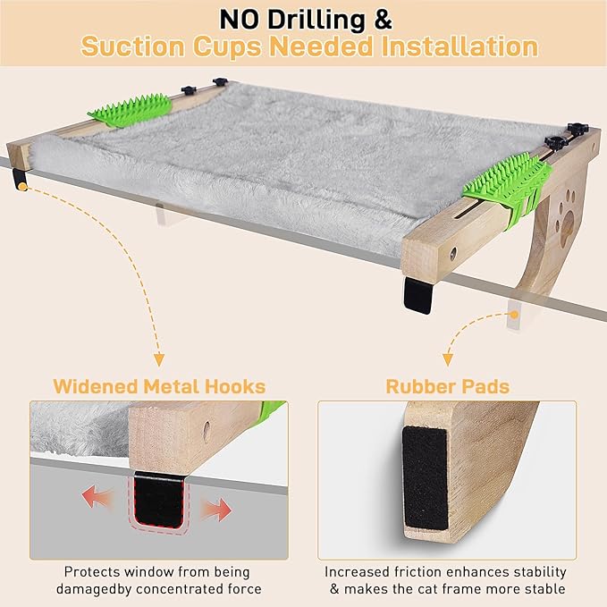 Cat Sill Window Perch Sturdy Cat Hammock Window Seat with Cat Self Groomer,Wood & Metal Frame for Large Cats,Easy to Adjust Cat Bed for Windowsill,Bedside