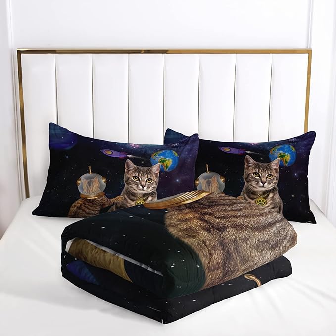 AILONEN Beige Cat Bedding Set Full Size with Wearing Space Suit Cat Galaxy Planet Comforter Set for Kids Boys Girls,Rocket Starry Soft Breathable Duvet Set 3 Pieces, 1 Quilt and 2 Pillowcases