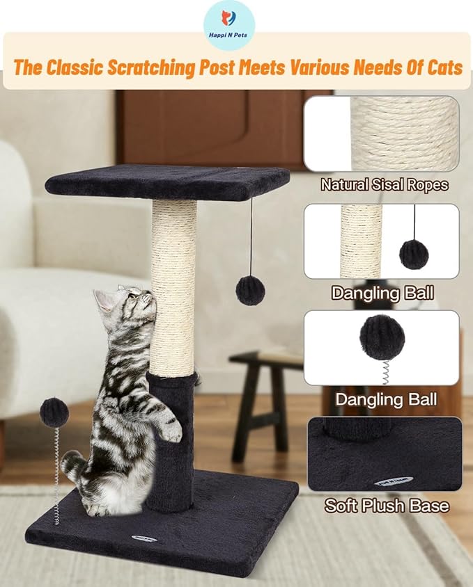 Happi N Pets 26" Cat Scratching Post with Perch, Natural Sisal Scratchers Trees for Indoor Cats, Featuring with Hanging Balls & Cozy Cat Bed, Stable Cat Scratch Posts for Kittens-Smoky Gray