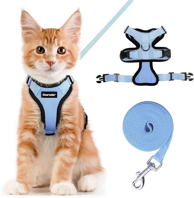 Dooradar Cat Harness and Leash Set, Escape Proof Safe Adjustable Kitten Vest Harnesses for Walking, Easy Control Soft Breathable Mesh Jacket with Reflective Strips for Cats, Light Blue, M