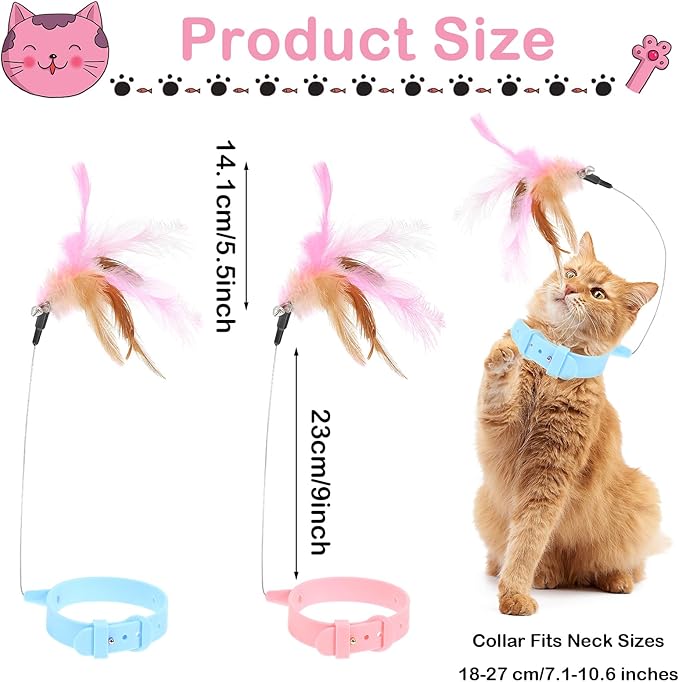 2Pcs Cat Collar Toy, Adjustable Cat Feather Neck Collar Toy Cat Teasing Wand with Silicone Collar, Funny Cat Stick, Interactive Self Playing Toys Bell for Indoor Cat Playing Small Animals(Blue, Pink)
