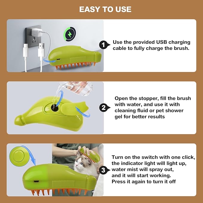 3in1 Cat Steam Brush,Multifunctional Rechargeable Cute Steamy Pet Brush for Short Or Long Hair Cats/Dogs To Massage/Clean/Eliminate Flying&Tangled Hair With USB Cable-Green Banana
