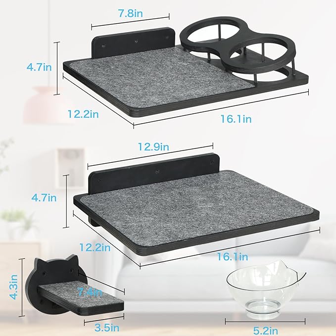 Cat Wall Shelves, Wood Cat Shelves for Wall with Cat Feeding Station, Cat Wall Furniture with 3 Cat Wall Steps, Cat Shelves and Perches, Wall Mounted Cat Climbing Shelf, Cat Lover Gift, 3 Board