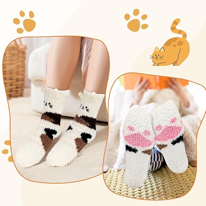 3-6 Pairs Womens Fuzzy Socks Cozy Fluffy Slipper Socks Cute Soft Cat Animal Winter Warm Sleep Socks Gifts