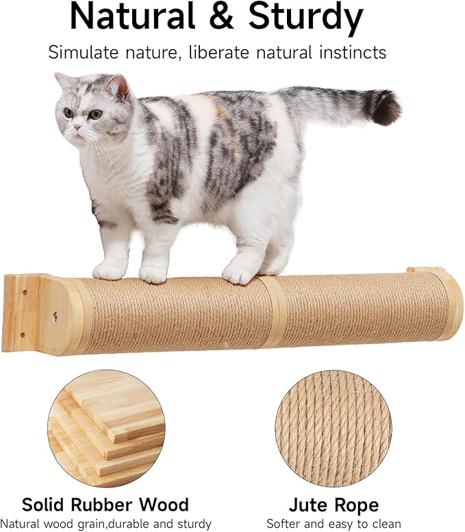 FUKUMARU Cat Scratching Post, 35 x 4.5 Inch Cat Wall Furniture, Rubber Wood Wall Mounted Cat Scratcher Posts for Large Cats, Thicker Columns for Multi-Functions