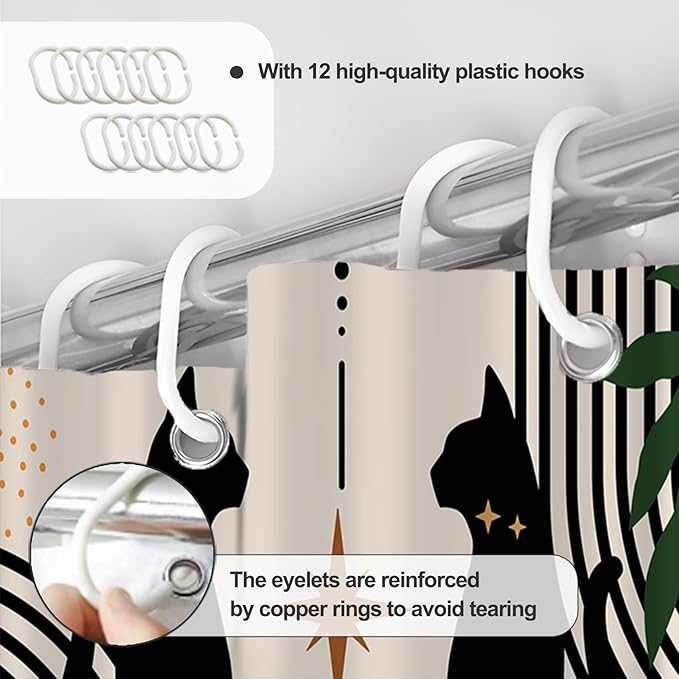 AWERT Boho Mid Century Shower Curtain Cute Cat Shower Curtain for Bathroom with Hooks Minimalist Abstract Waterproof Fabric 72x84inch