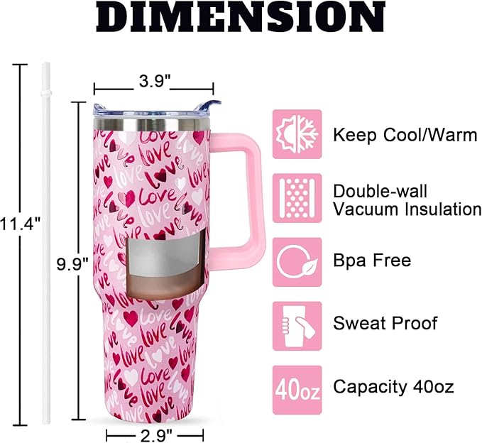 40 Oz Valentines Day Tumbler 3d-Printed Pink Love Tumbler Gifts for Couple Women Men Insulated Travel Cup with Handle Lid and Straw